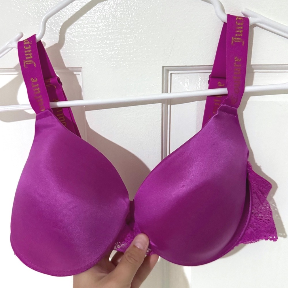 Juicy Couture Magenta Satin Lace Push Up Bra Logo Straps 36C 6890-28
